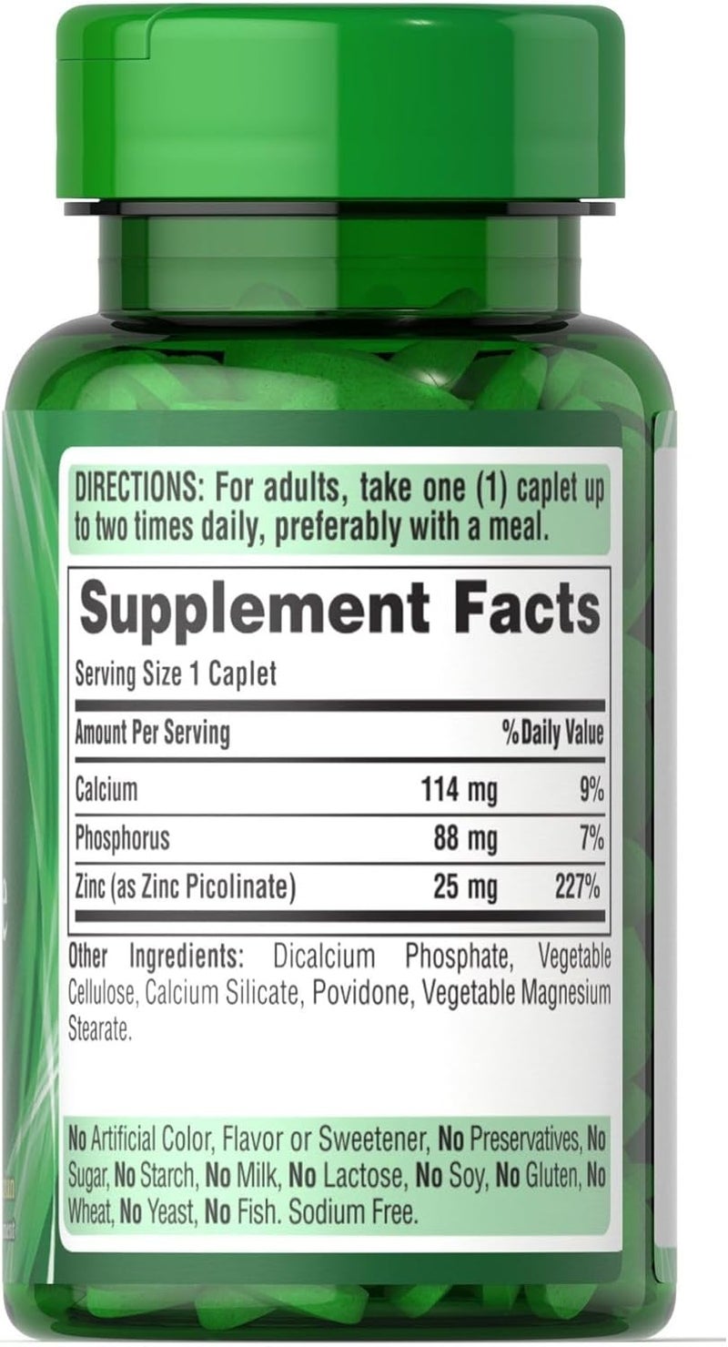 Puritan's Pride Zinc Picolinate (25mg, 100 Caplets) - Image 2